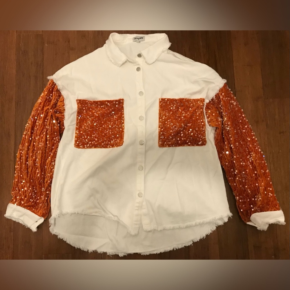Prissy Jane Shacket M White Copper Gold Brown Sequins White Button Raw Hem